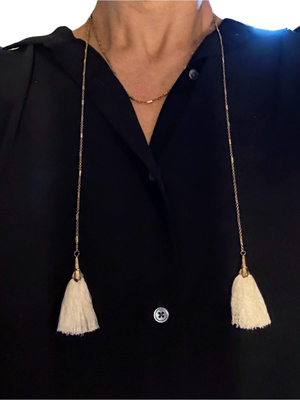 Kevia Women’s Gold Tassel Necklace with White Tassels